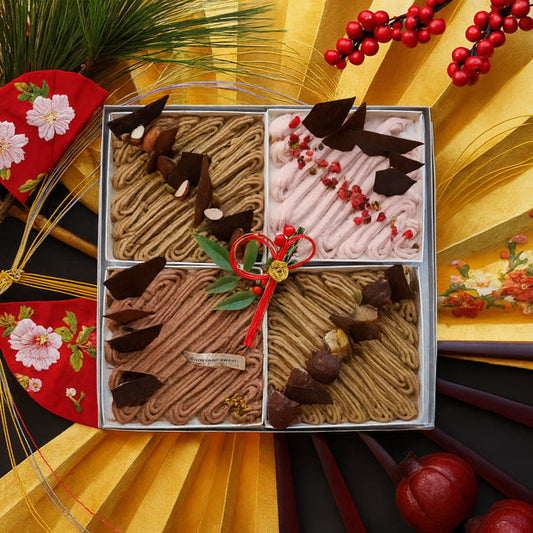 shirokane sweet　TOKYO　スクエアスイーツモンブランおせち　４種モンブランアソート
（山江栗、和栗、ショコラ、べりー）