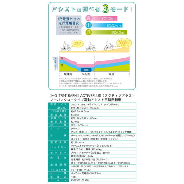 【組立配送付き】ACTIVEPLUS　ノーパンク ロータイプ電動アシスト三輪自転車