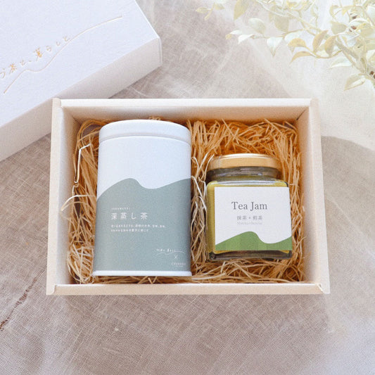 【ギフトカード】お茶と、暮らしと ティータイムセット 深蒸し茶ティーバッグ缶・Teaミルクジャム130g(抹茶＋煎茶)