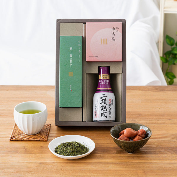 一番茶入り狭山茶・紀州南高梅・正田醤油 3種各1個入り(合計3個セット)